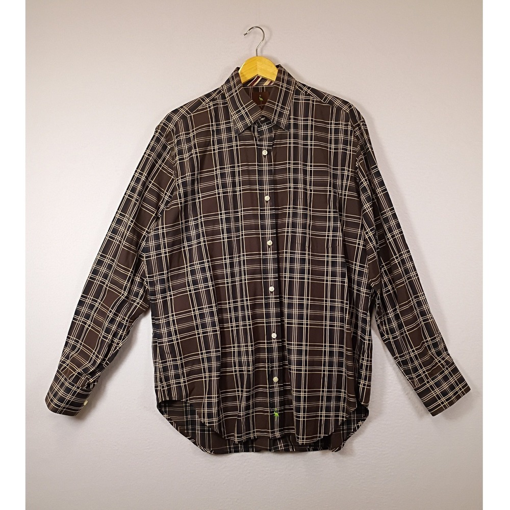 Dark Academia Tailorbyrd Mens Large Brown‎ Grid Plaid 2-Ply Cotton Button Down